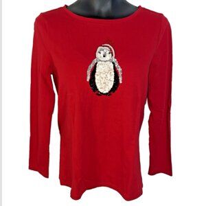 Talbots - Long Sleeve Tee Shirt Women's PM Red Winter Holiday Top Beaded Penguin